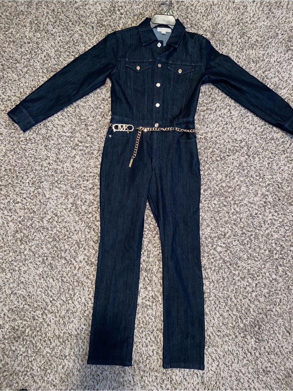Michael Kors Dark Blue Denim Jumpsuit with Gold Chain Belt